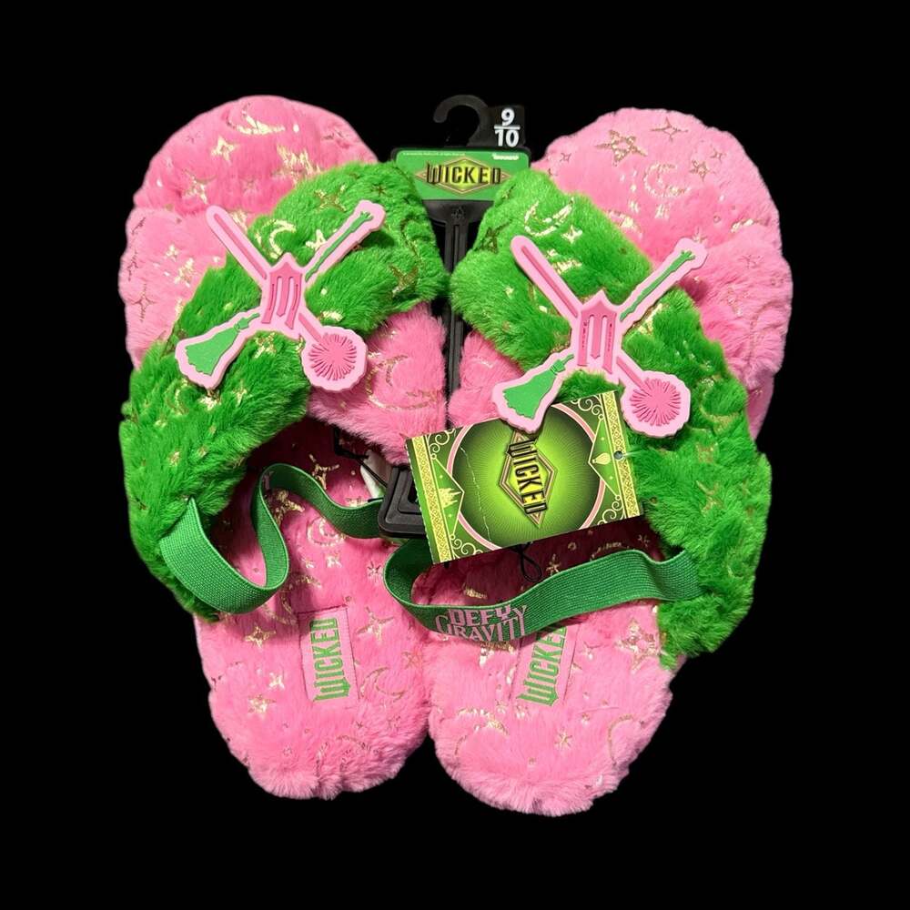Size Large Wicked Movie 1 Plush Fuzzy Pink and Green Open Toe Slippers